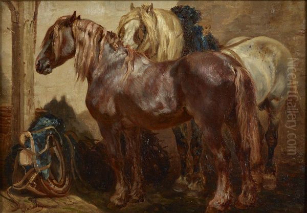 Chevaux type postier a l'ecurie Oil Painting by Francois Hippolyte Lalaisse