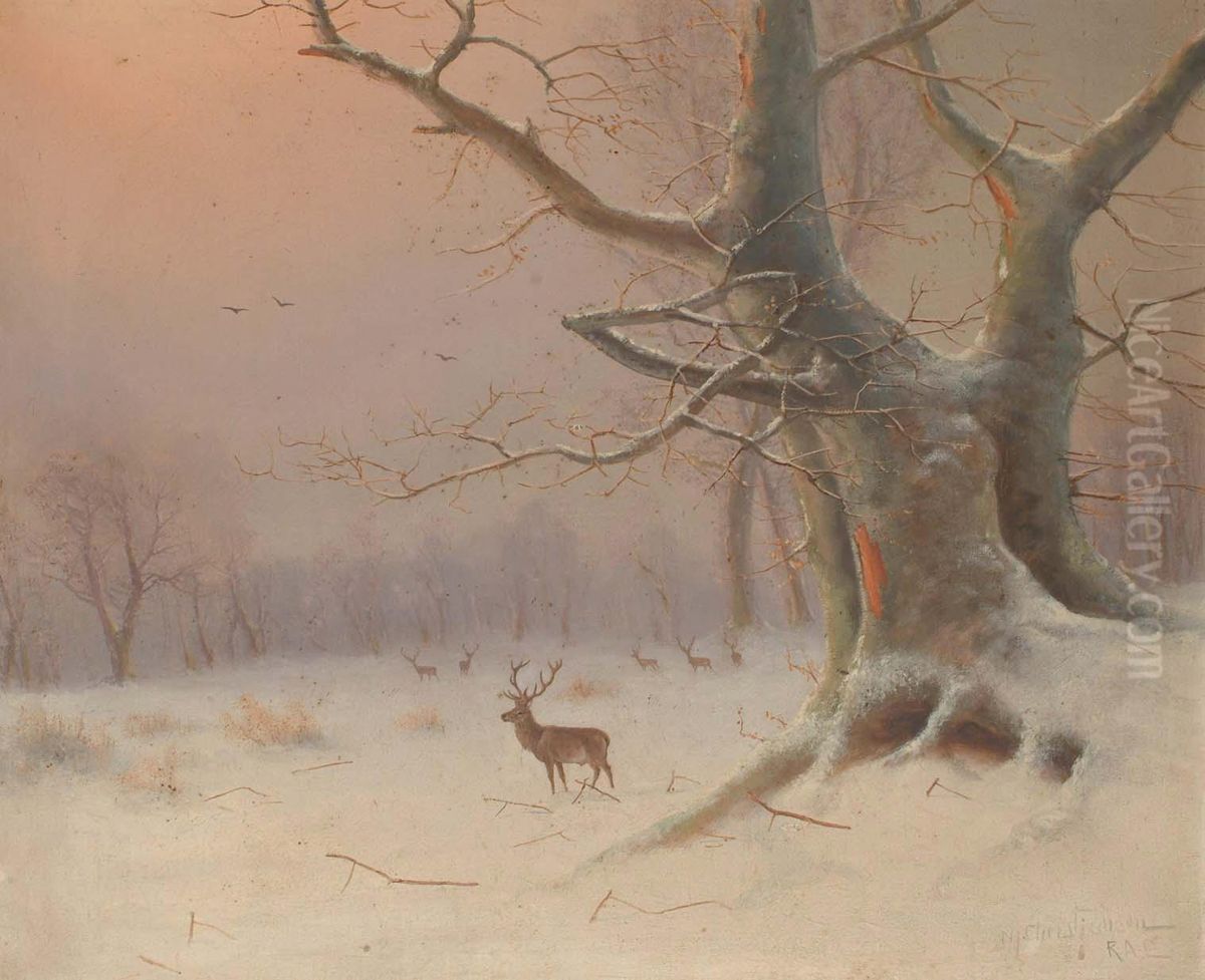 Stags in a winter landscape. Oil Painting by Niels H. Christiansen Stags in a winter landscape. Oil Painting by Niels H. Christiansen