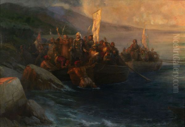 The Disembarkation of Christopher Columbus with Companions on Three Launches, on Friday 12th October 1492, At Sunrise, on an American Island Named San Salvador by Him on the Very Same Day Oil Painting by Ivan Aivazovsky