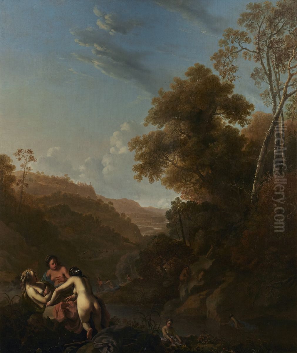 Italianiserend landschap met badende nimfen Oil Painting by Dirck Van Der Lisse