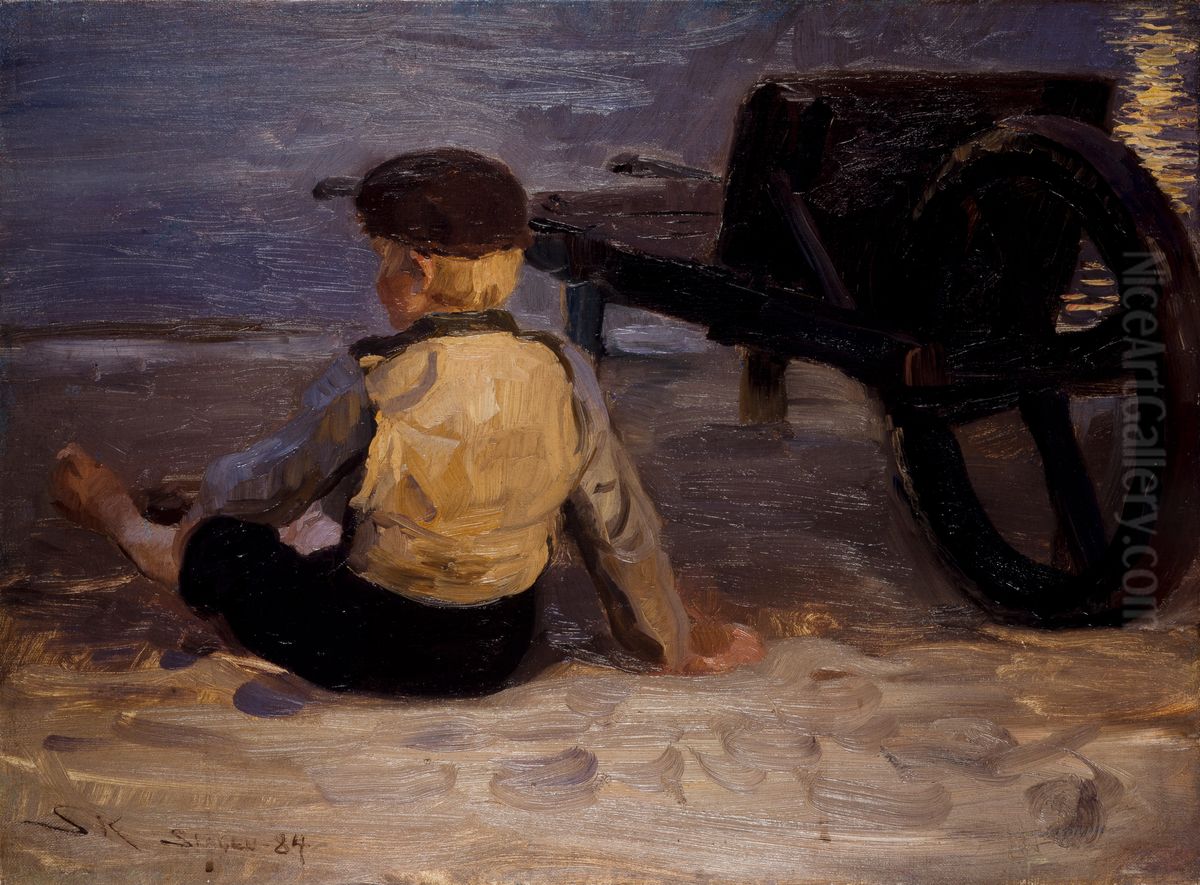 Fisher boy sitting beside a wheelbarrow. Skagen South Beach Oil Painting by Peder Severin Kroyer