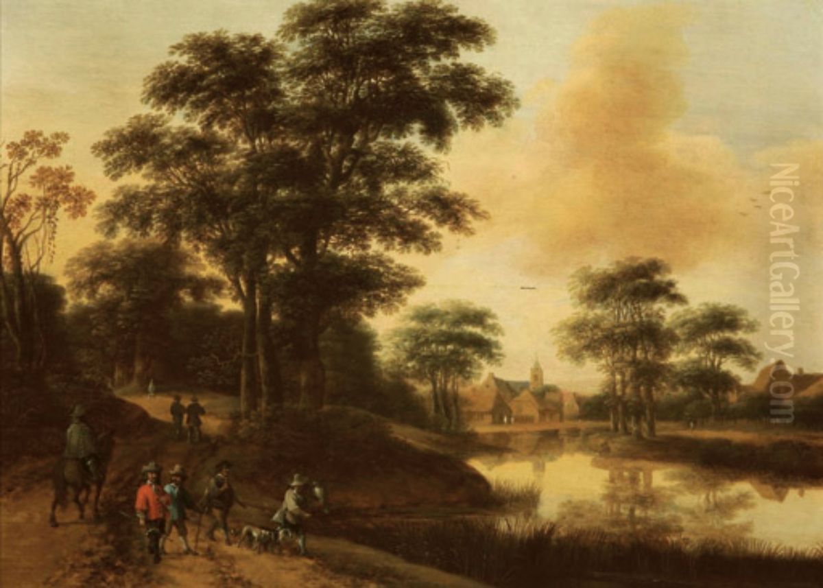 A hunting party near a lake, a village in the distance Oil Painting by Pieter van Asch