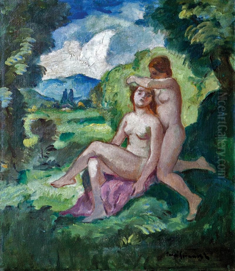 Girls on the Riverside Oil Painting by Bela Ivanyi-Grunwald