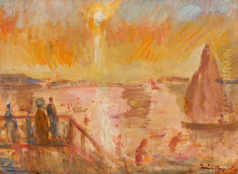 Balaton Landscape with Sailboat Oil Painting by Bela Ivanyi-Grunwald