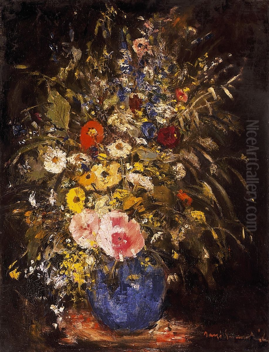 Field Flowers in blue Pot Oil Painting by Bela Ivanyi-Grunwald