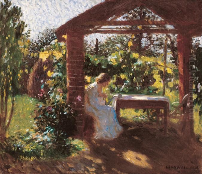 Lady Sitting in the Arbour Oil Painting by Bela Ivanyi-Grunwald