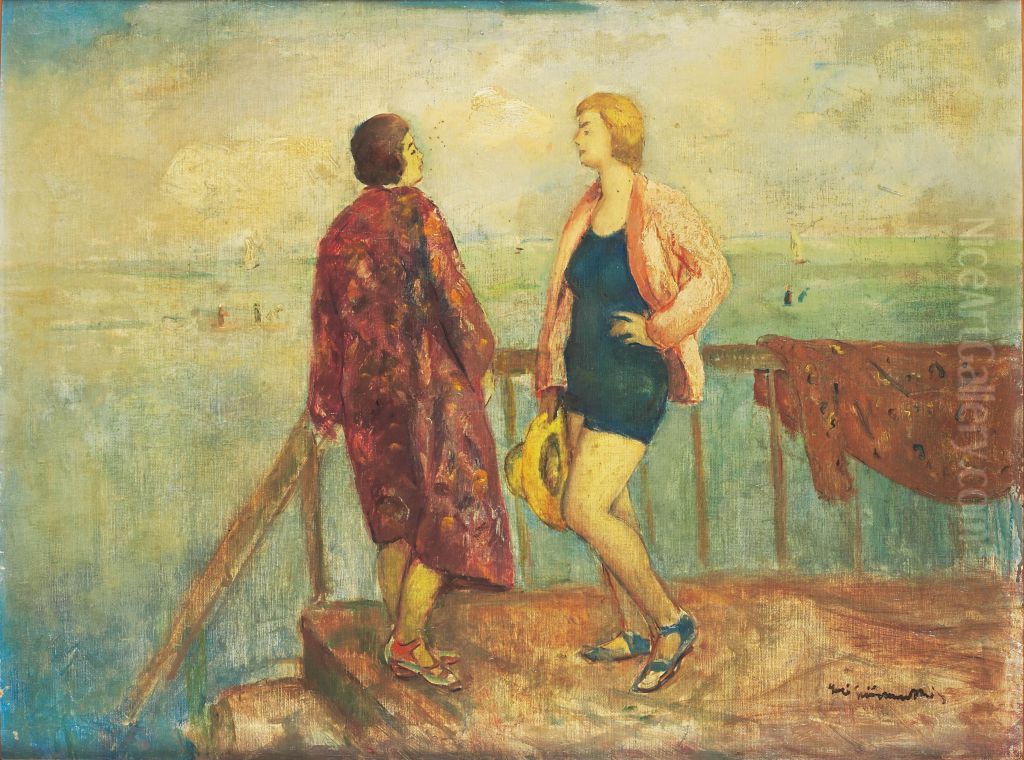 At the pier of Lake Balaton Oil Painting by Bela Ivanyi-Grunwald