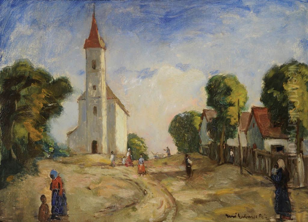 Village Street Oil Painting by Bela Ivanyi-Grunwald