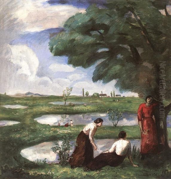 Rest at the Lake Shore Oil Painting by Bela Ivanyi-Grunwald