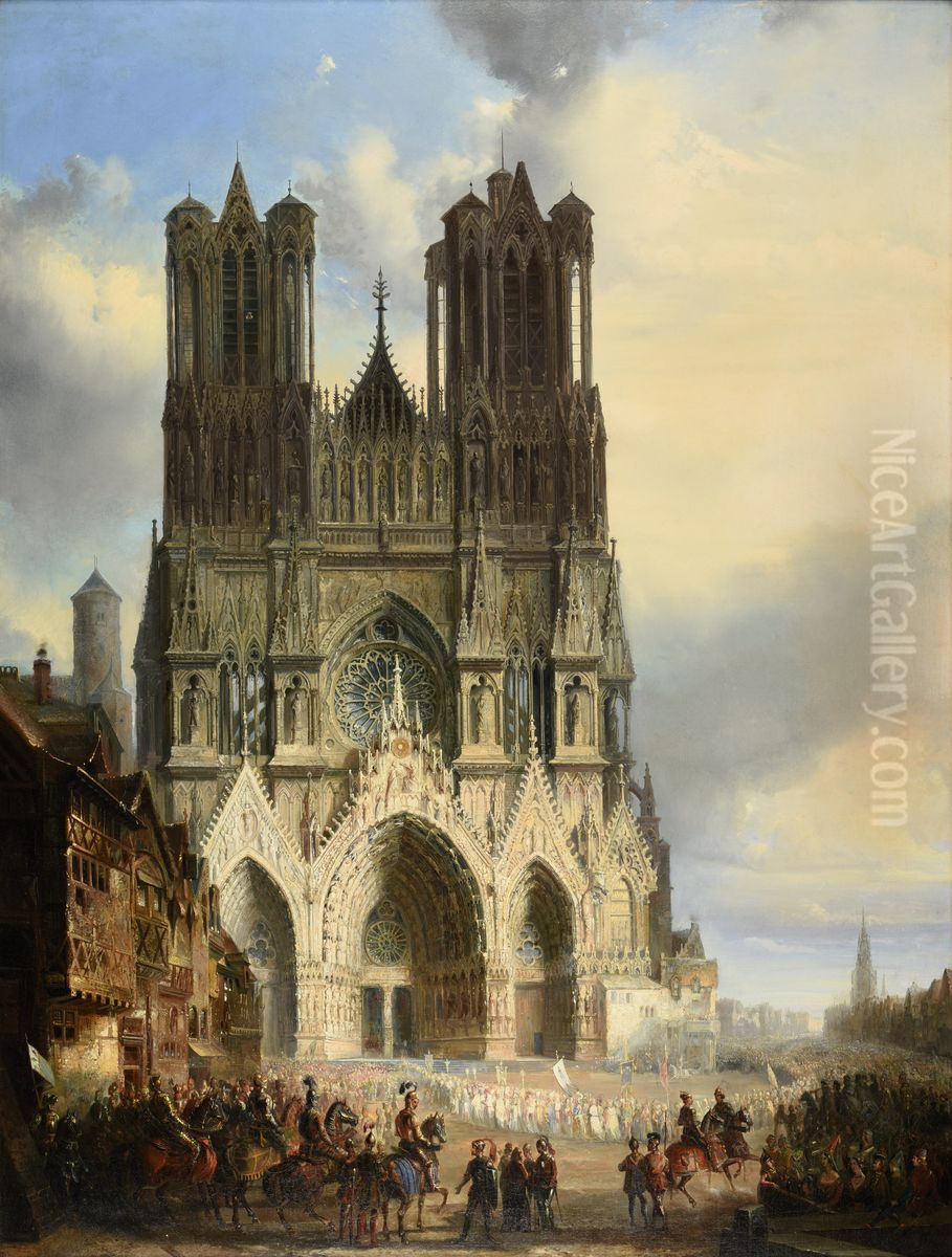 La facade de la Cathedrale de Reims avec une procession medievale et un cortege au premier plan Oil Painting by David Roberts