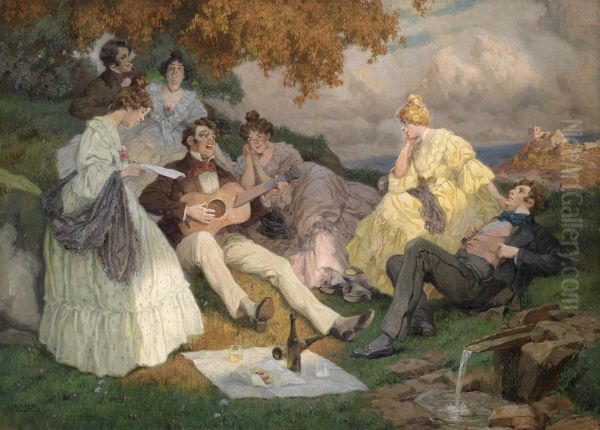 Frohliche Sangesrunde mit einer Donaulandschaft (Wachau?) im Hintergrund Oil Painting by Rudolf Alfred Hoger