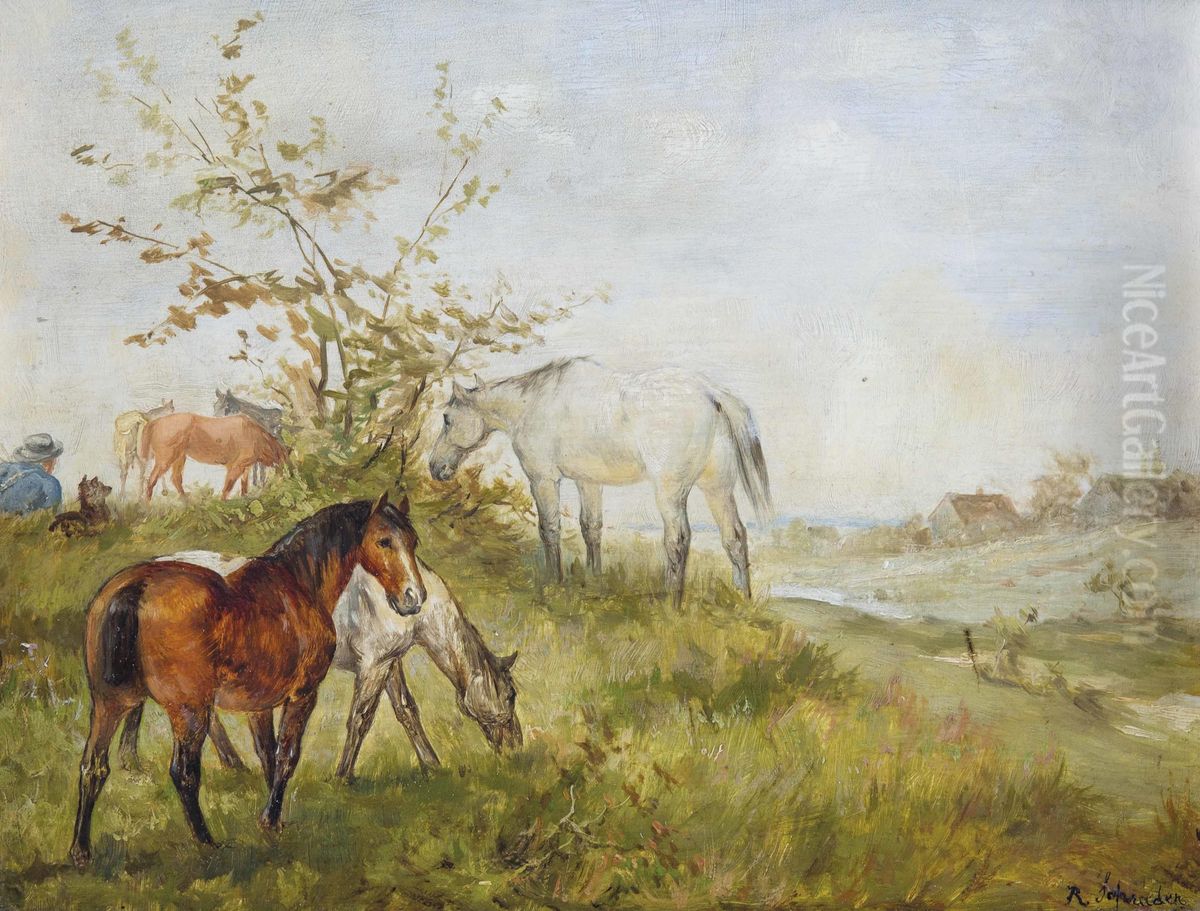 Hirte mit Hund und weidenden Pferden in Landschaft Oil Painting by unknown