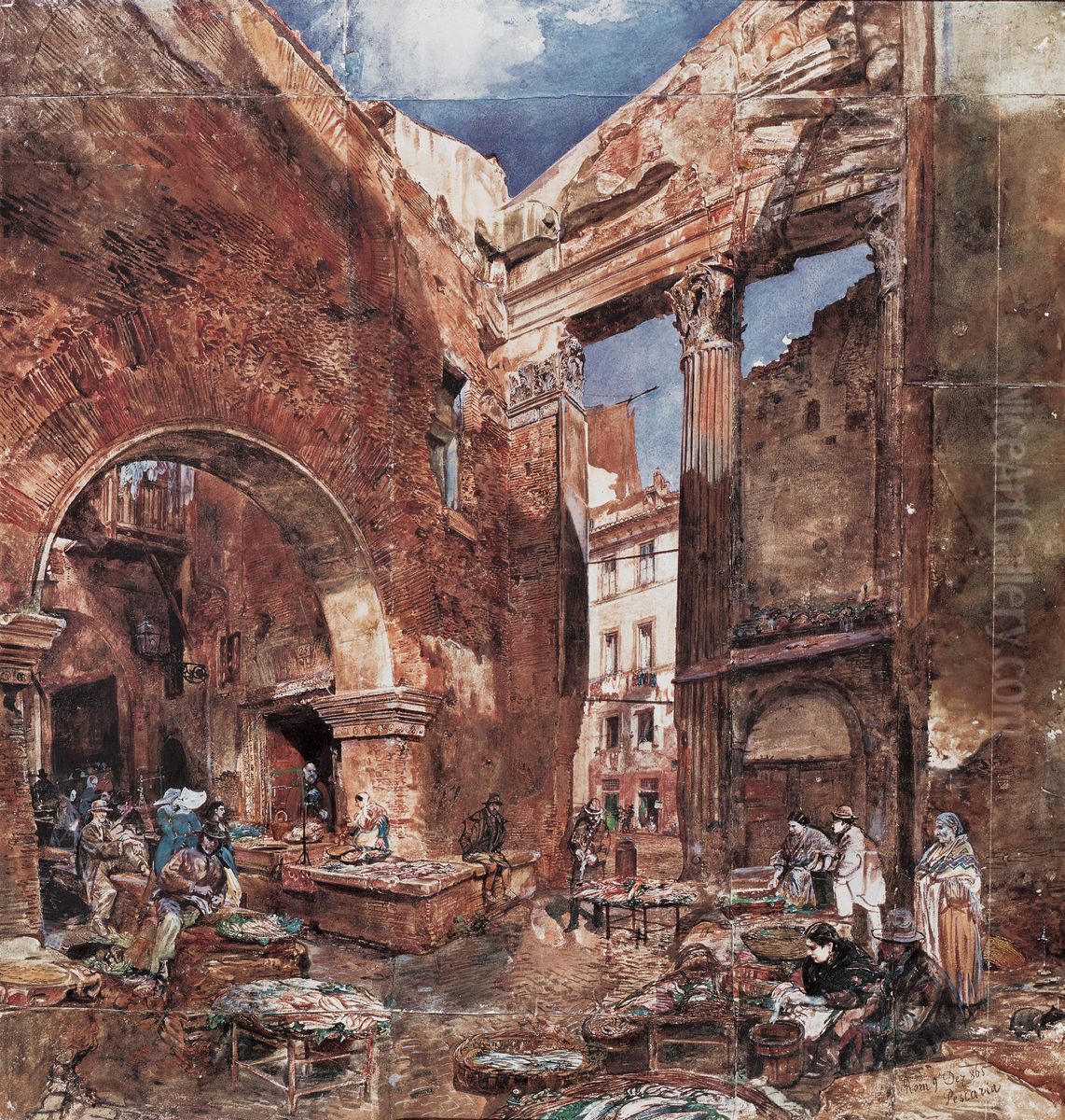 Der Fischmarkt in Rom Oil Painting by Rudolf von Alt