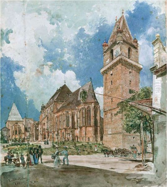 Pfarrkirche und Wehrturm in Perchtoldsdorf bei Wien Oil Painting by Rudolf von Alt