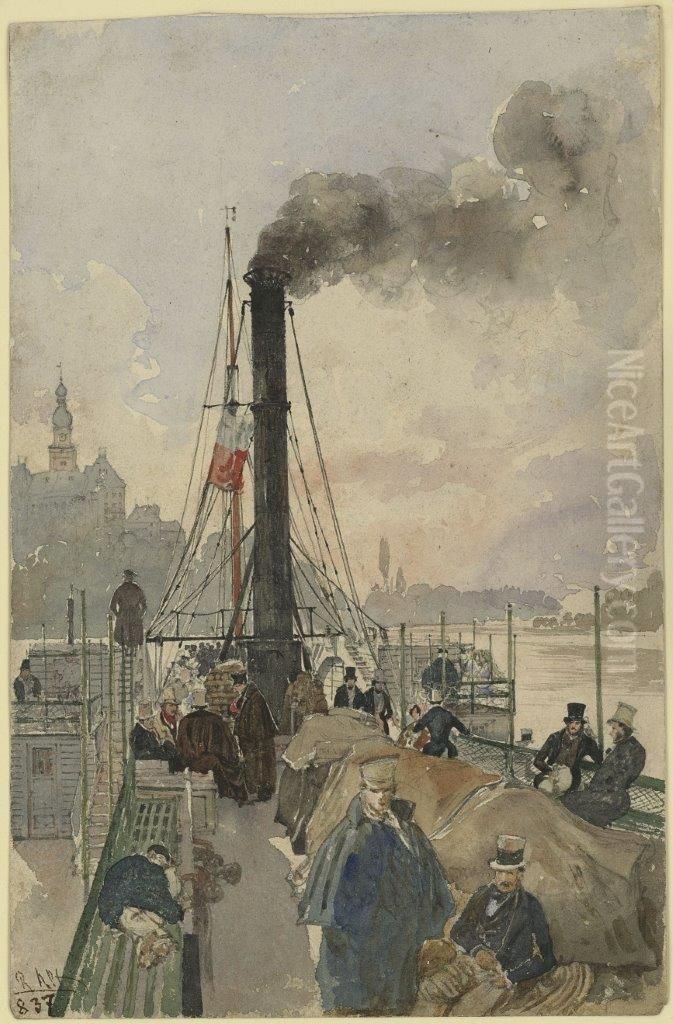 An Bord des Donaudampfers Maria Anna Oil Painting by Rudolf von Alt