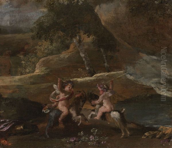 Amours chevauchant des boucs Oil Painting by Nicolas Poussin