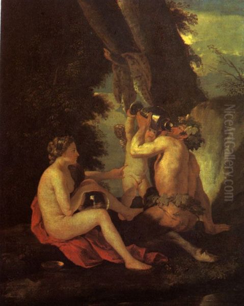 Scene bachiqueouNymphe et satyre buvant Oil Painting by Nicolas Poussin