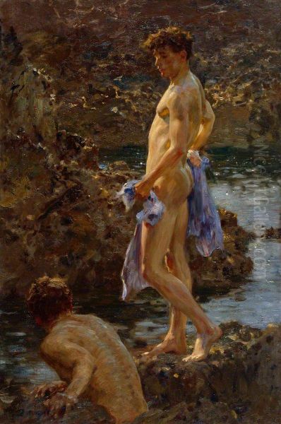 A Bathing Group Oil Painting by Henry Scott Tuke