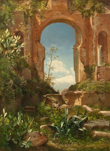 View thorugh ruins on Mount Etna. Oil Painting by Carl Frederik Aagaard