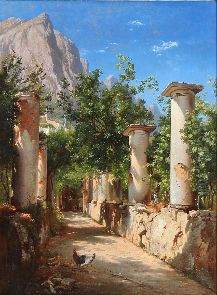 Ancient columns, Italy. In the background figures at the well. Pres. from Capri. Oil Painting by Carl Frederik Aagaard