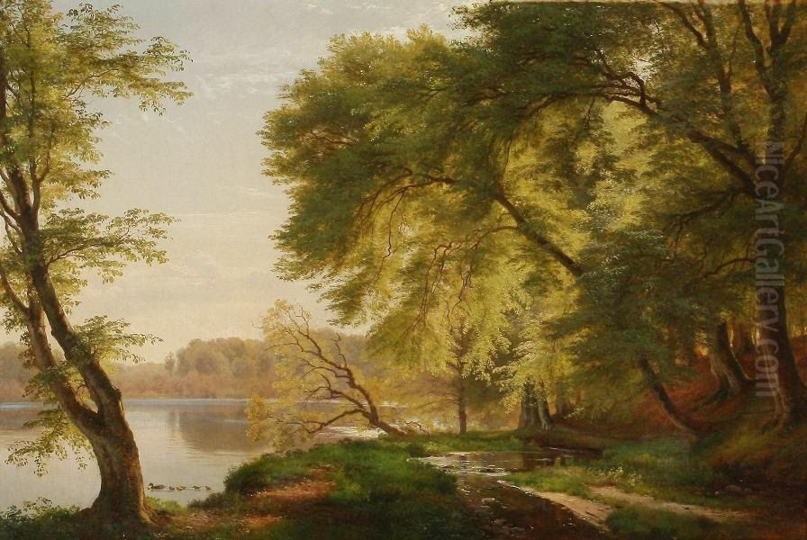 Summer day at a forest lake Oil Painting by Carl Frederik Aagaard