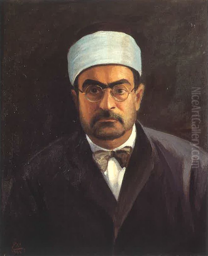Portrait de Cheikh Moustafa Ghalayini (1885 - 1944). Oil Painting by Moustafa Farroukh