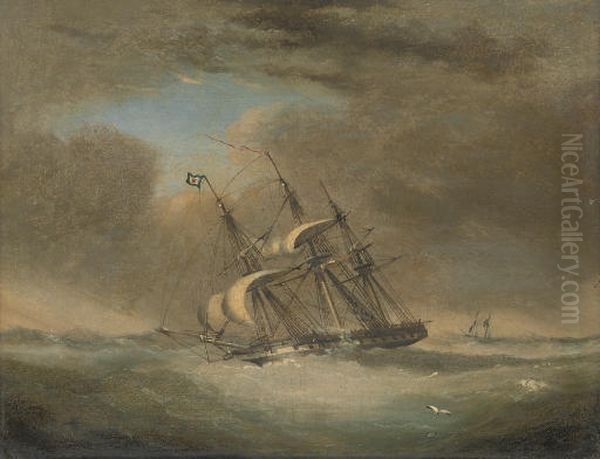 H.M.S. Warspite, as a frigate, running before the wind under reduced sail Oil Painting by Nicholas Condy