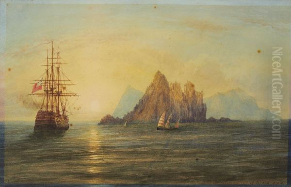 A British Naval vessel off the Galite Islands Oil Painting by Andrew Nicholl