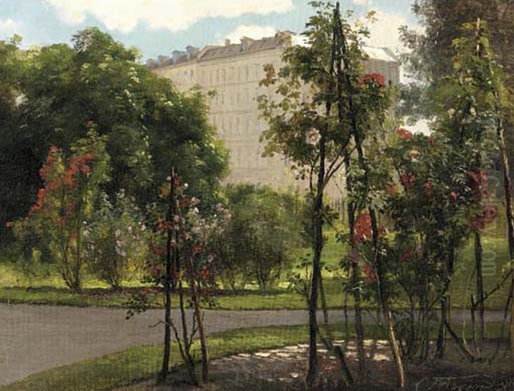 Blomstrende roser i en park. Oil Painting by Carl Frederik Aagaard
