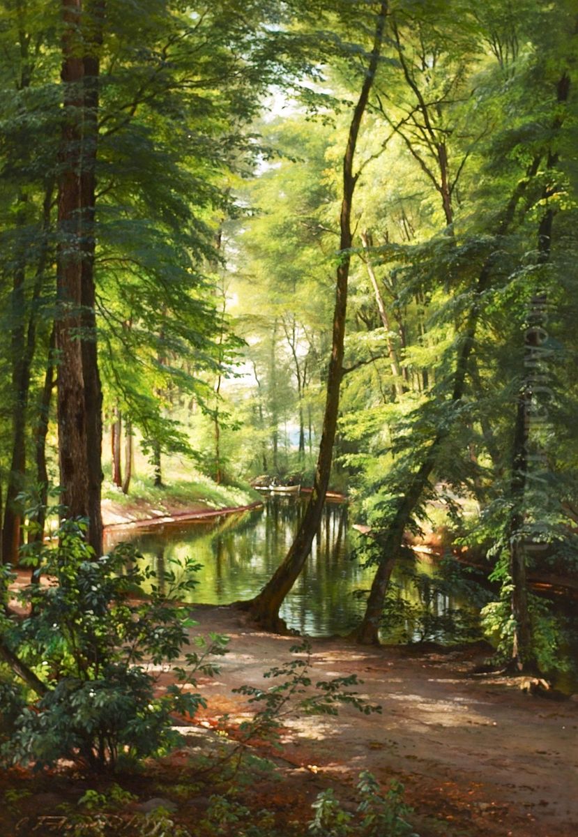 Skovparti med alob og fisker i robad. Oil Painting by Carl Frederik Aagaard