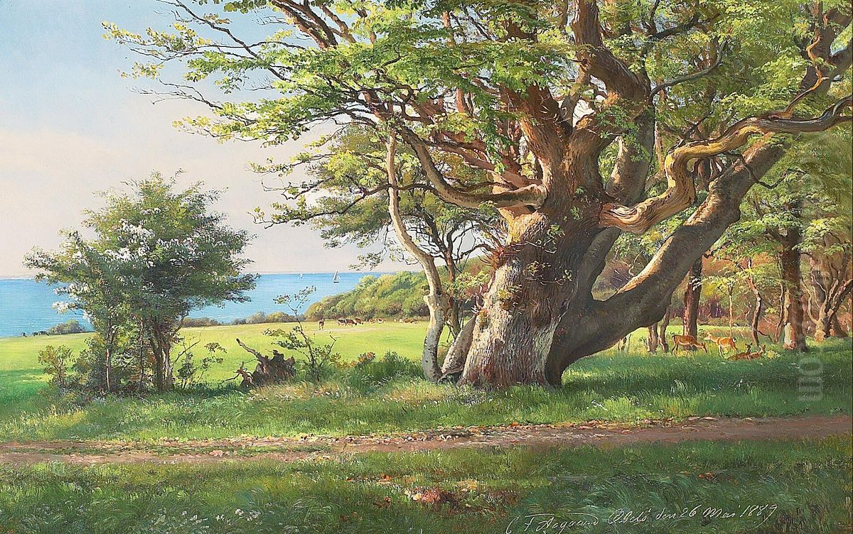 A glade with an old oak tree and some deer. Oil Painting by Carl Frederik Aagaard A glade with an old oak tree and some deer. Oil Painting by Carl Frederik Aagaard