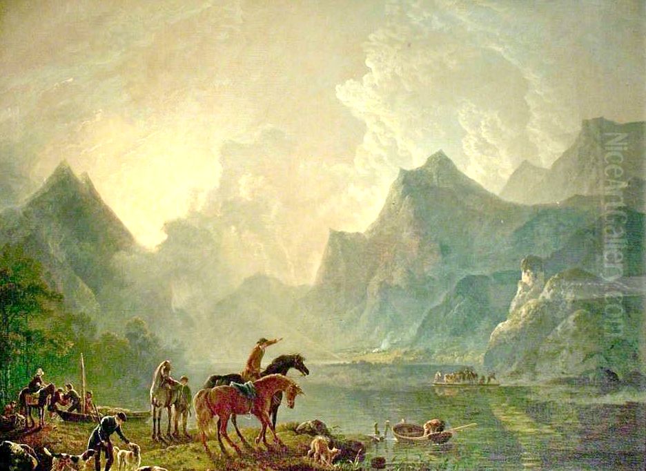 Llanberis lake and Dolbarden Castle painted Oil Painting by George Barret, Sr.