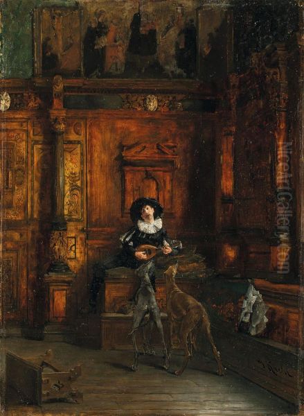 Lautenspieler mit zwei Hunden Oil Painting by Gotthardt Kuehl