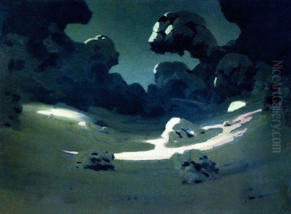 Patches of moonlight in a forest. Winter Oil Painting by Arkhip Kuindzhi