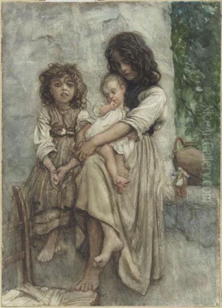 Ischia, groupe de trois enfants Oil Painting by Ernest Hebert