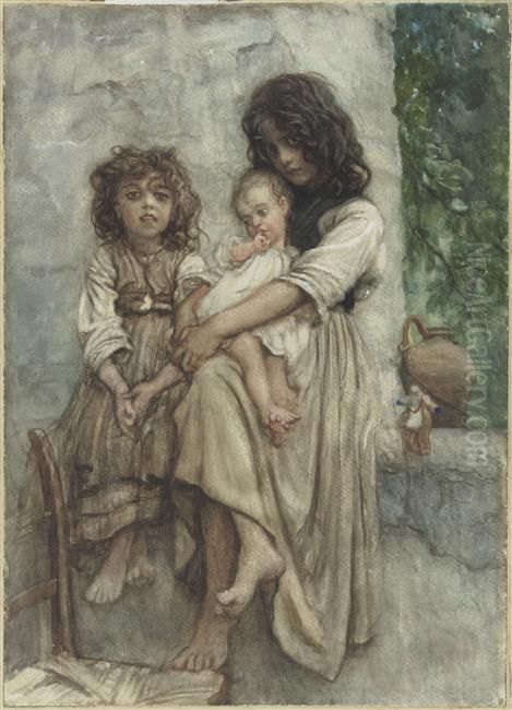 Ischia, group of three children Oil Painting by Ernest Hebert
