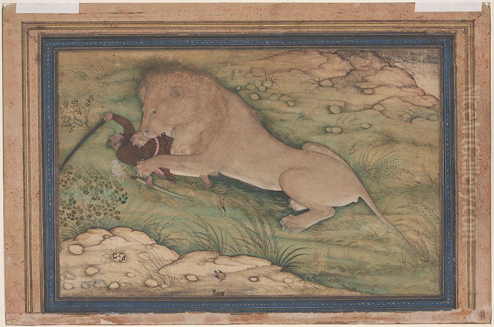 Lion attacking a hunter Oil Painting by Nanha