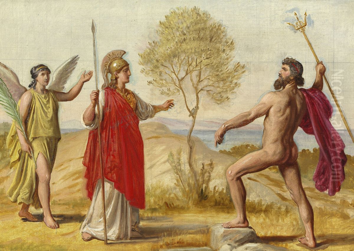 Pallas Athene, followed by the god of victory Nike, disputes with Poseidon. Oil Painting by Constantin Hansen