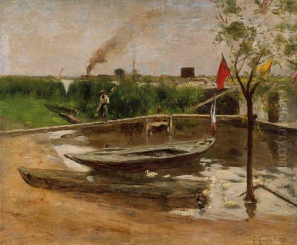 Boat harbor near Port-Marly Oil Painting by Gustave Caillebotte