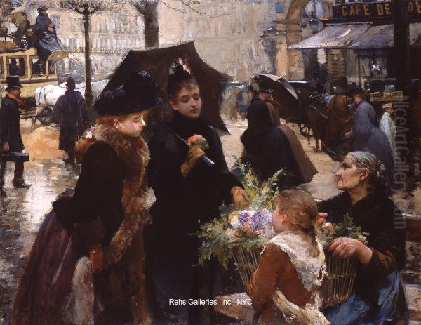 After the rain; Place du Theatre Francais Oil Painting by Louis Marie de Schryver