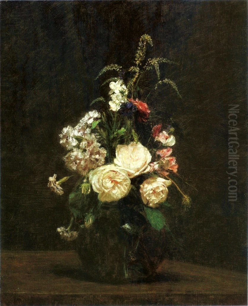 Flowers in a glass vase. Oil Painting by Henri Fantin-Latour
