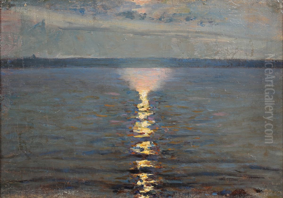 Solnedgang over hav Oil Painting by Axel Fahlcrantz