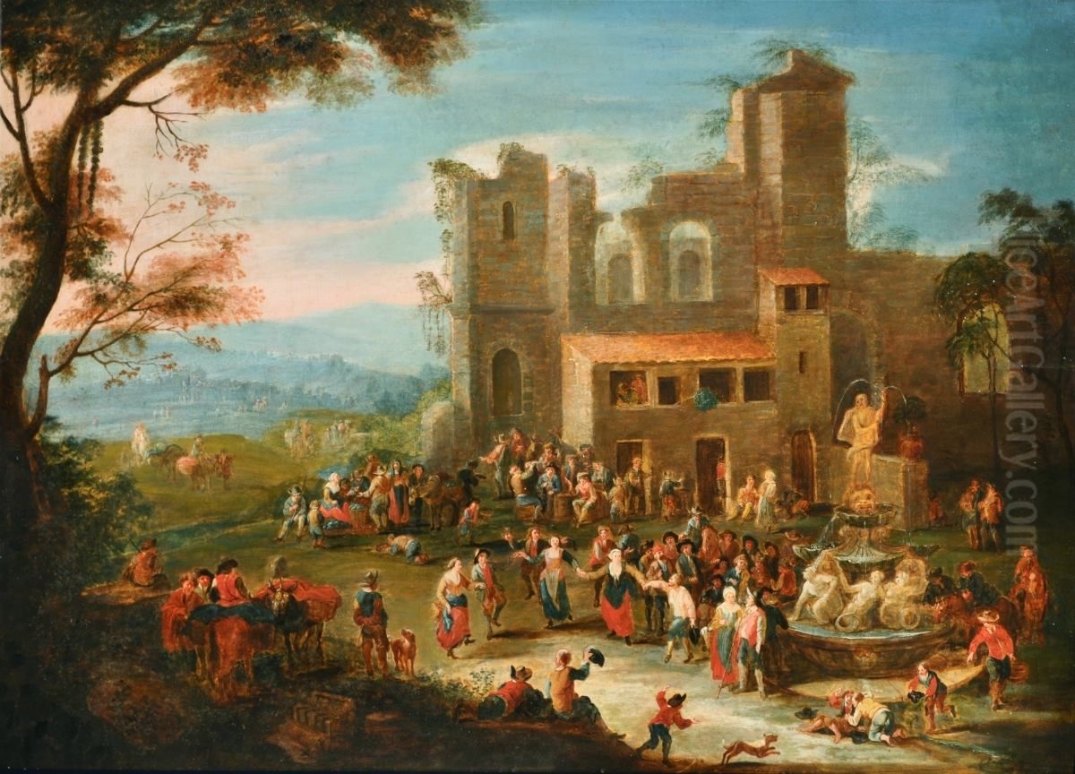Travellers Merrymaking Outside a Country Inn, a Riverside Town beyond Oil Painting by Elisabeth Seldron