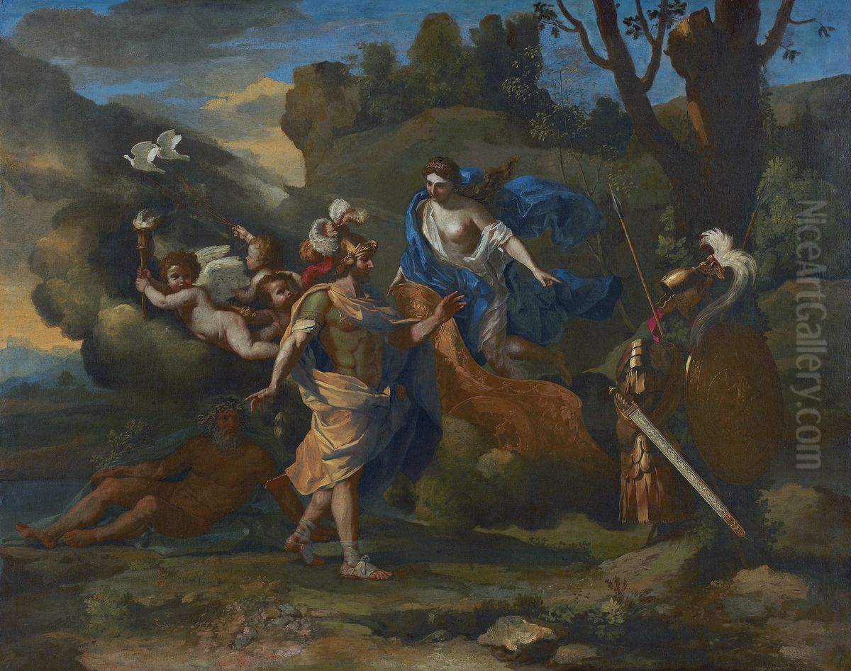 Venus, Mother of Aeneas, presenting him with Arms forged by Vulcan Oil Painting by Nicolas Poussin