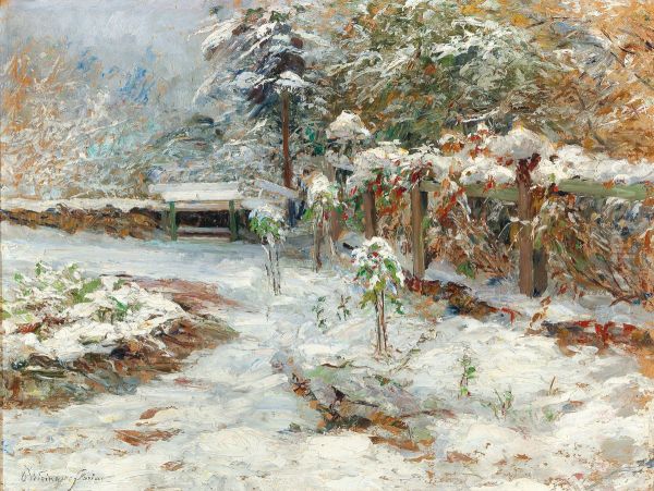 October snow, motiv from the garden of castle Hartenstein Oil Painting by Olga Wisinger-Florian