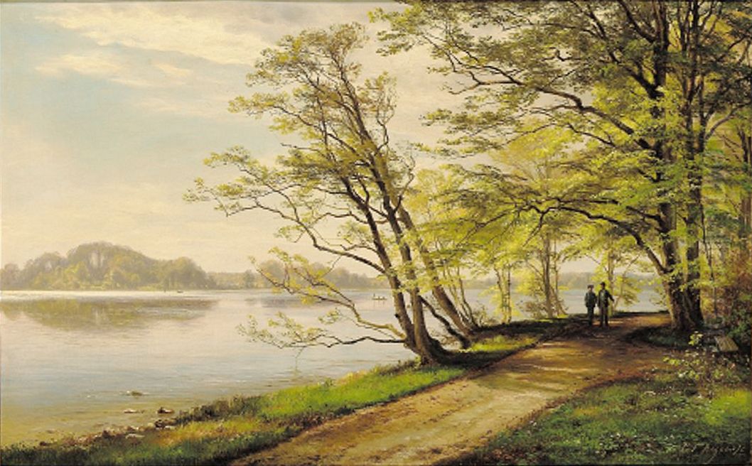 Spadserende ved sobredden en forarsdag. Oil Painting by Carl Frederik Aagaard