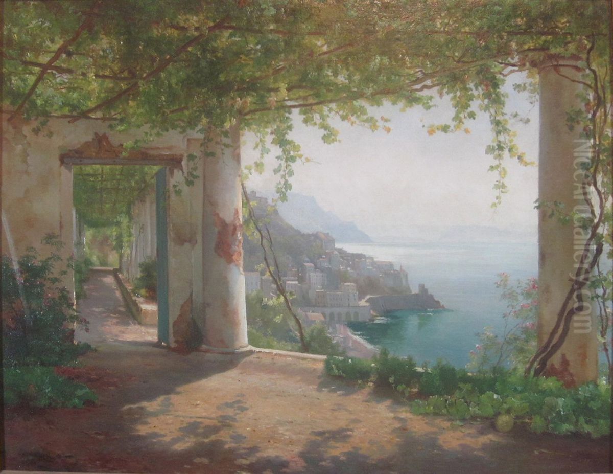 The Amalfi Coast viewed from Convento dei cappuccini. Oil Painting by Carl Frederik Aagaard
