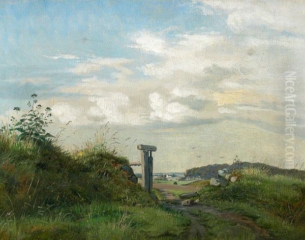 Landskabsparti med udsigt over marker og skov. Oil Painting by Carl Frederik Aagaard