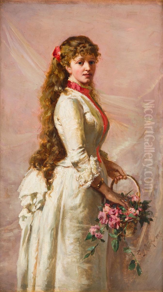 Paryzanka. Dziewczyna z koszem kwiatow Oil Painting by Paul Merwart