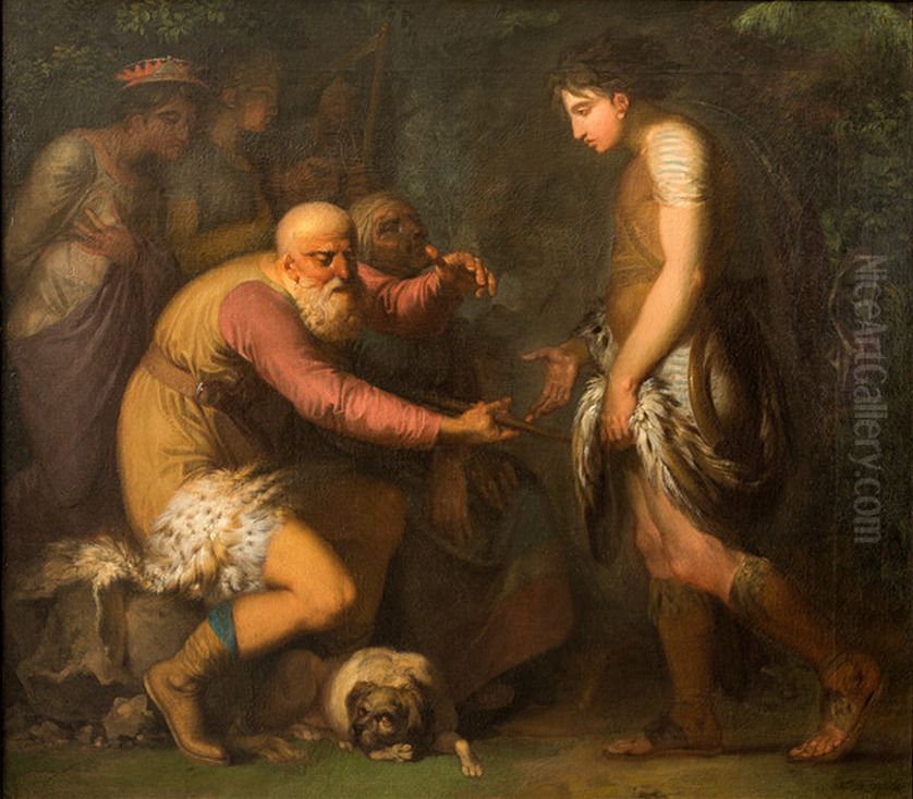 Fingal gives his weapons to Oscar. Oil Painting by Nicolai Abildgaard